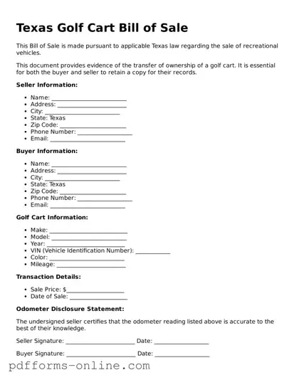 Valid Texas Golf Cart Bill of Sale Template
