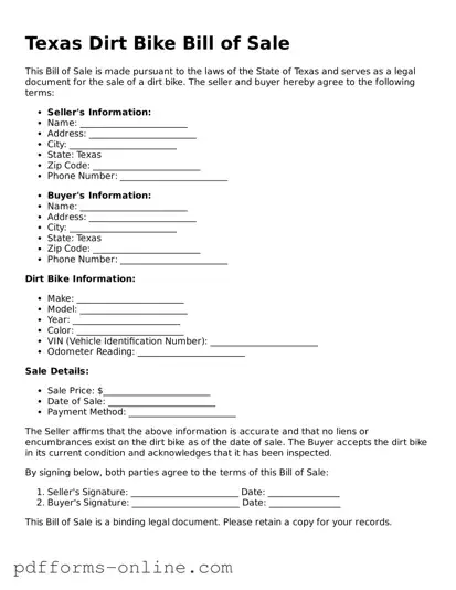 Valid Texas Dirt Bike Bill of Sale Template