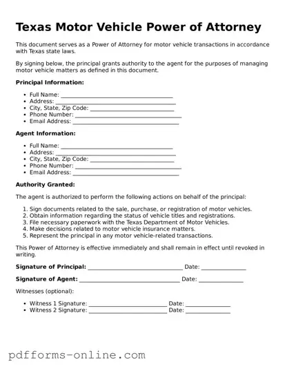 Valid Texas Motor Vehicle Power of Attorney Template