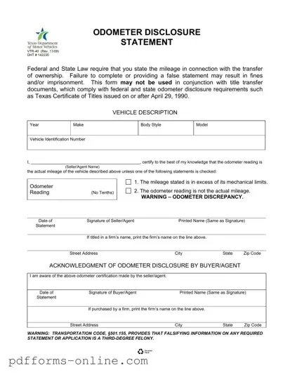 Blank Texas Odometer Statement Template