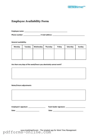 Blank Employee Availability Template