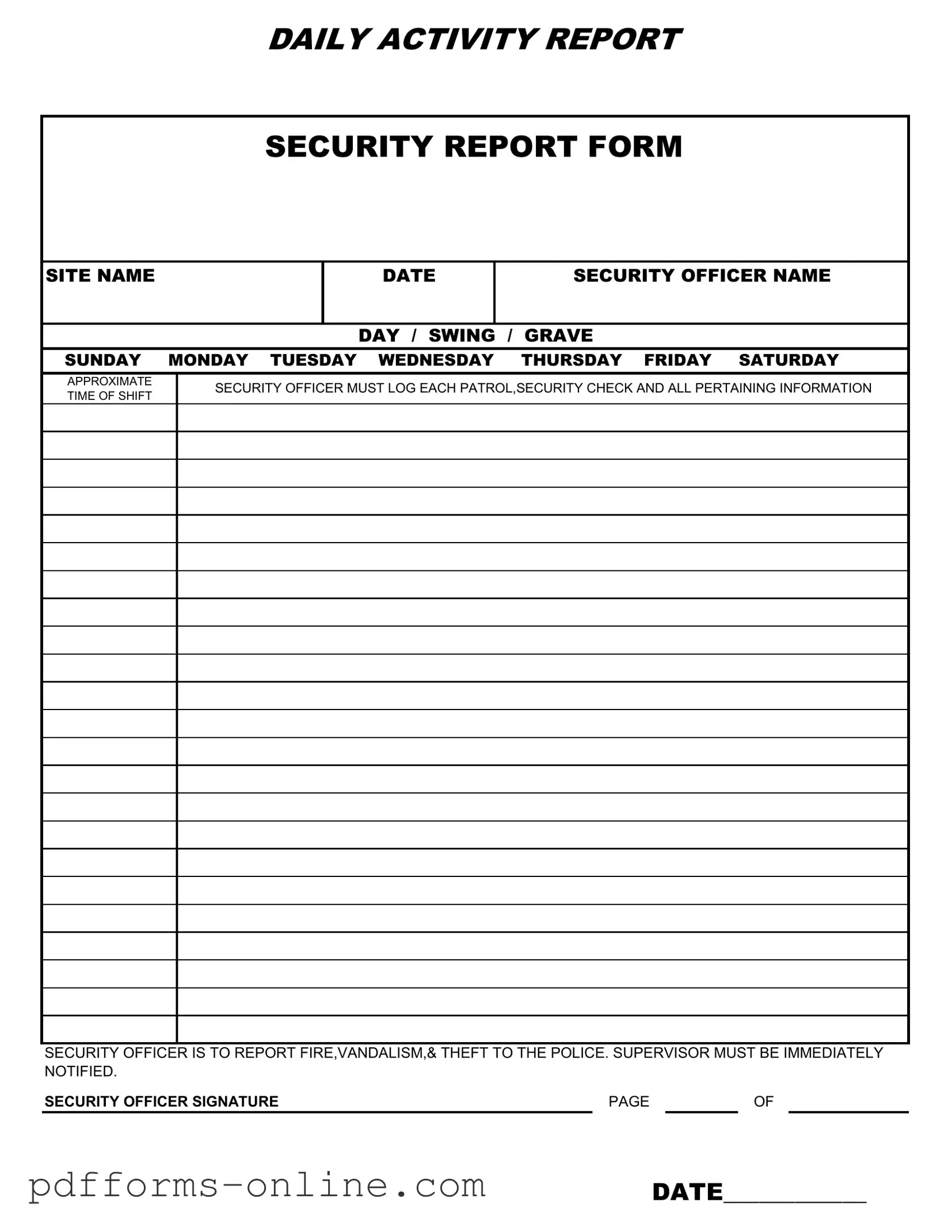 Blank Security Guard Daily Report Sample Template