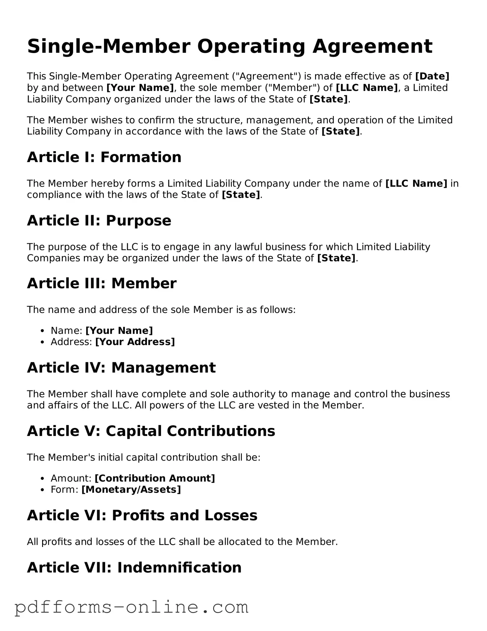 Blank Single-Member Operating Agreement Form