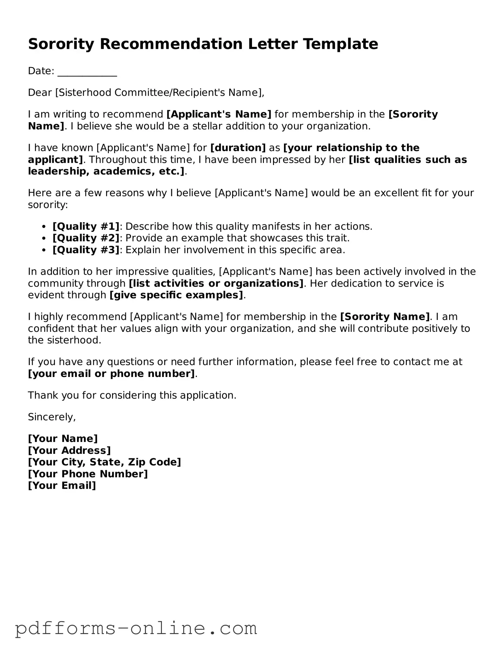 Blank Sorority Recommendation Letter Form