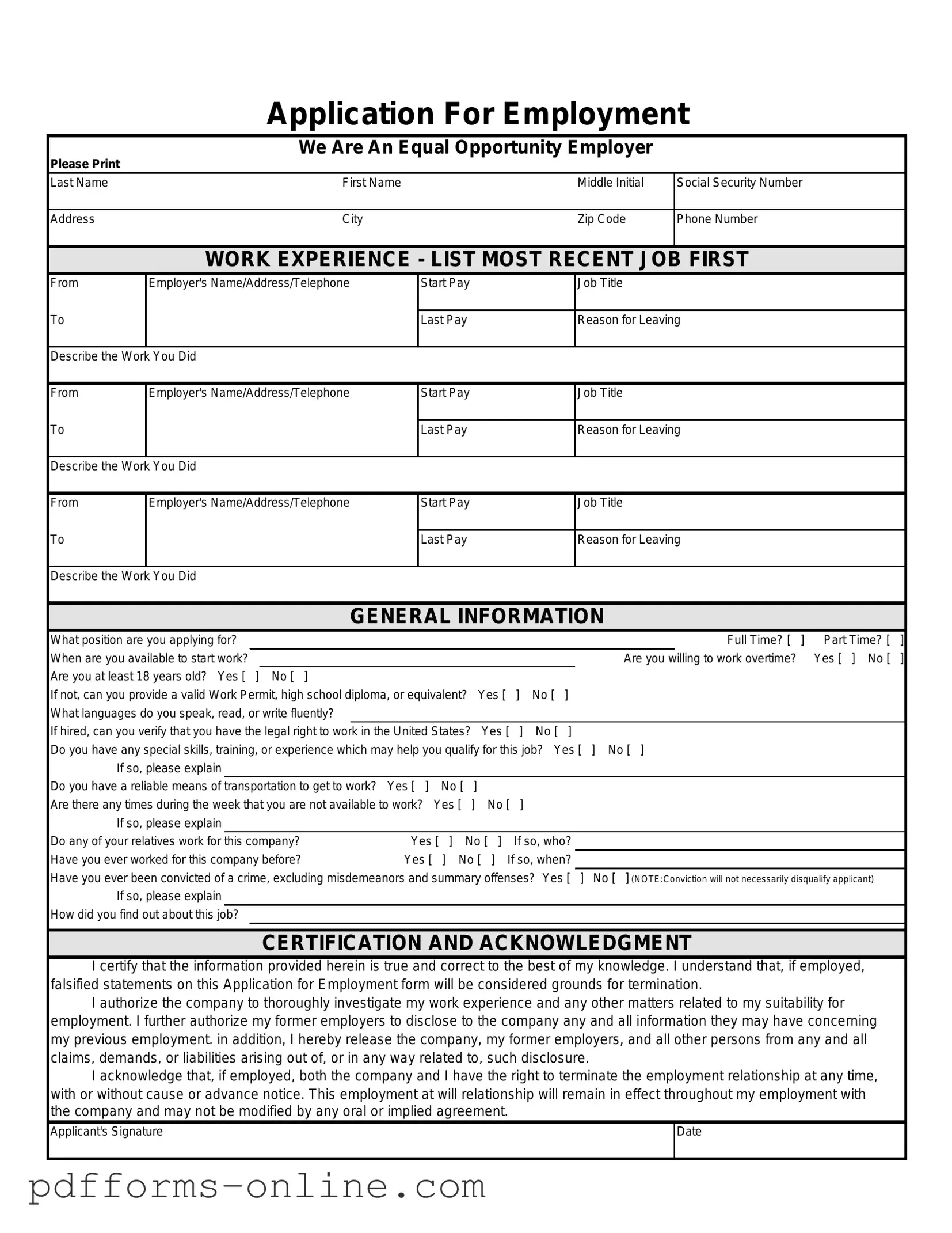 Blank Spanish Application Employment Template