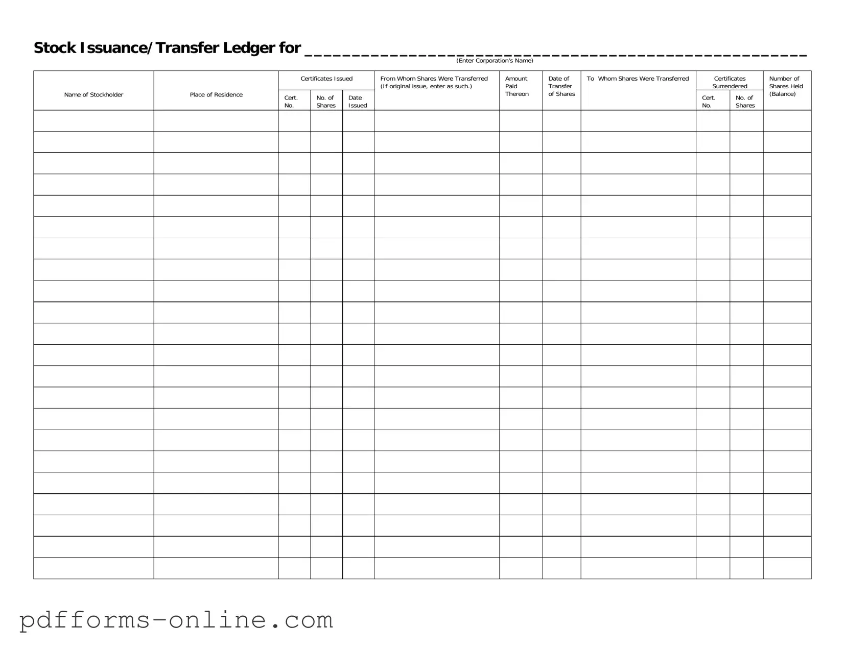 Blank Stock Transfer Ledger Template