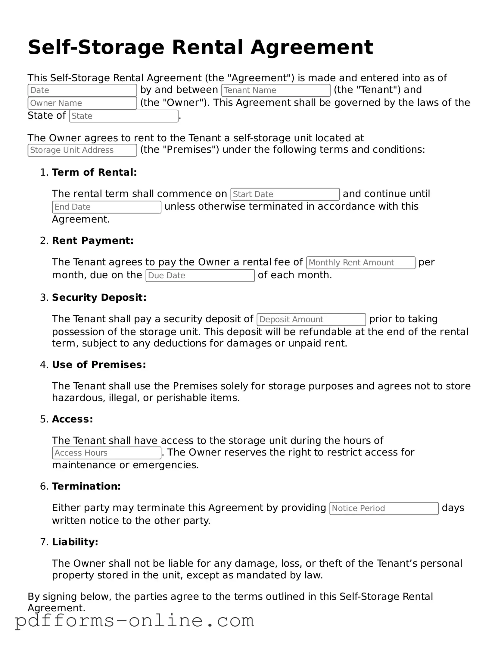 Blank Self-Storage Rental Agreement Form