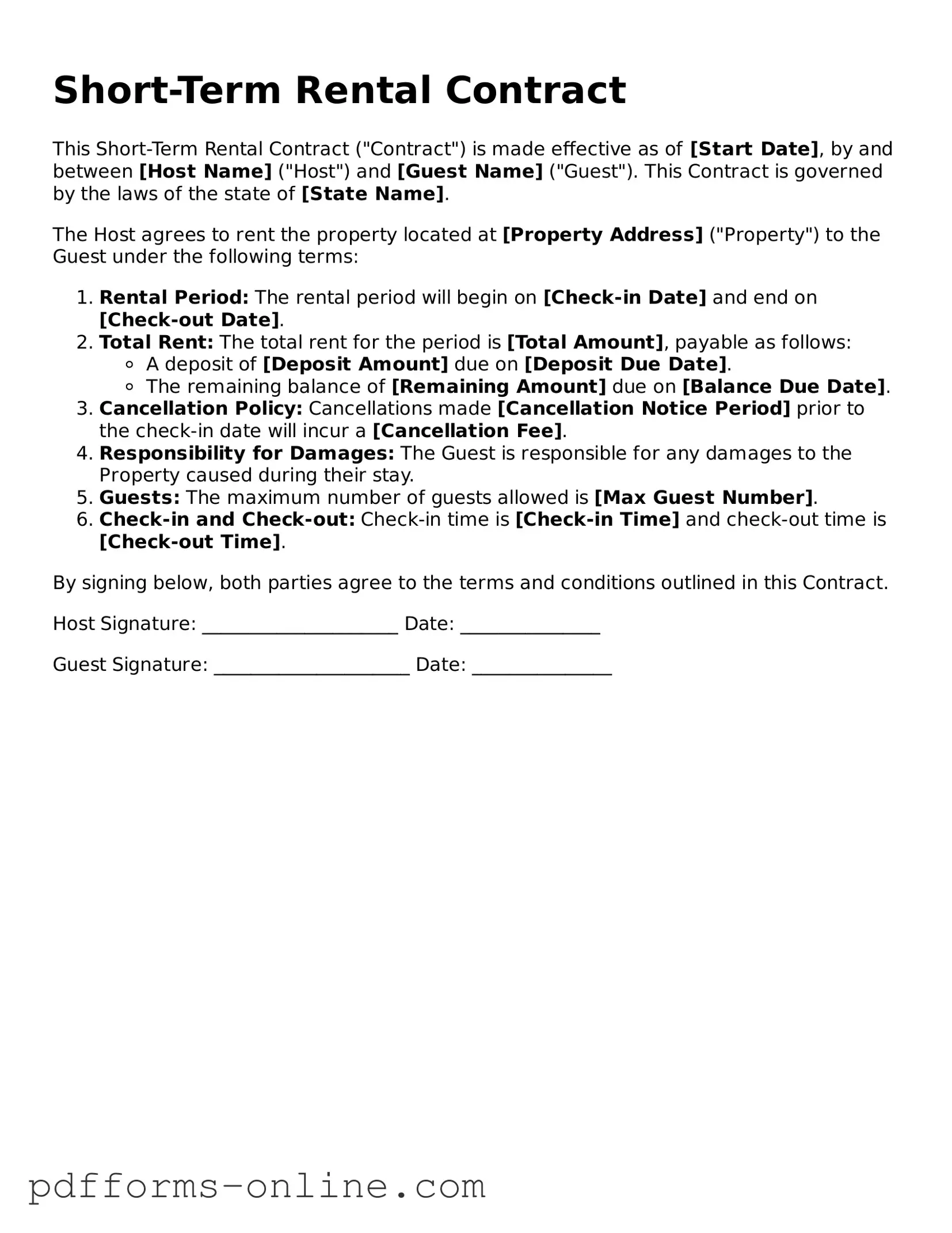 Blank Short-Term Rental Contract Form
