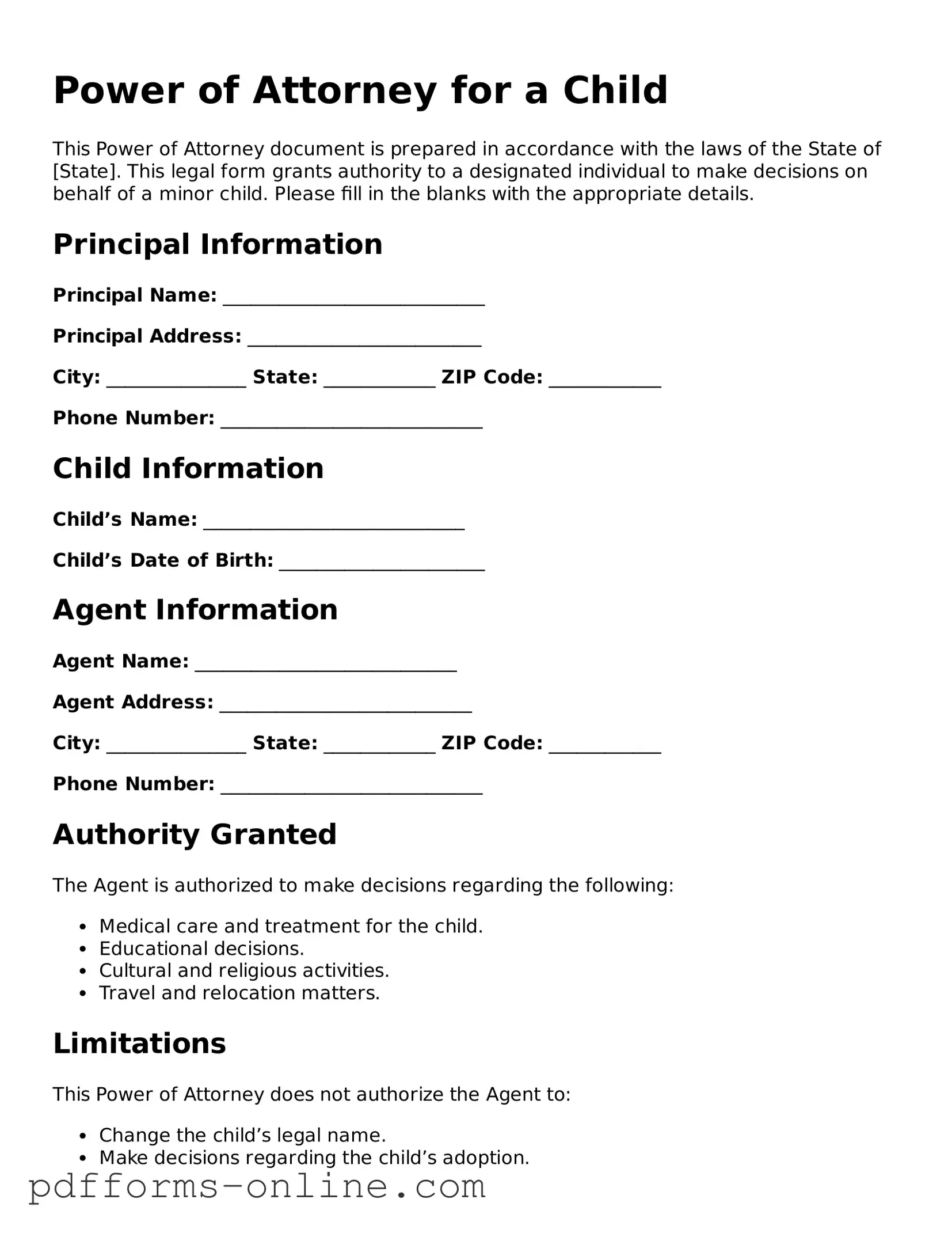Blank Power of Attorney for a Child Form