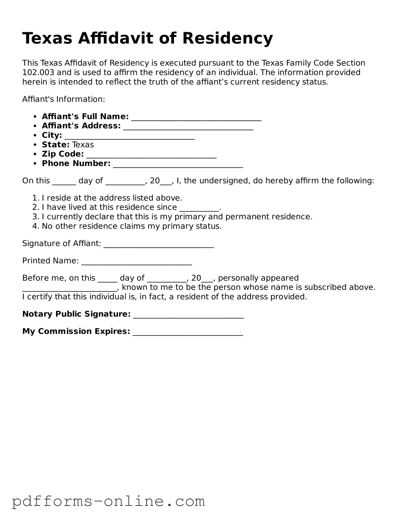 Valid Texas Affidavit of Residency Template