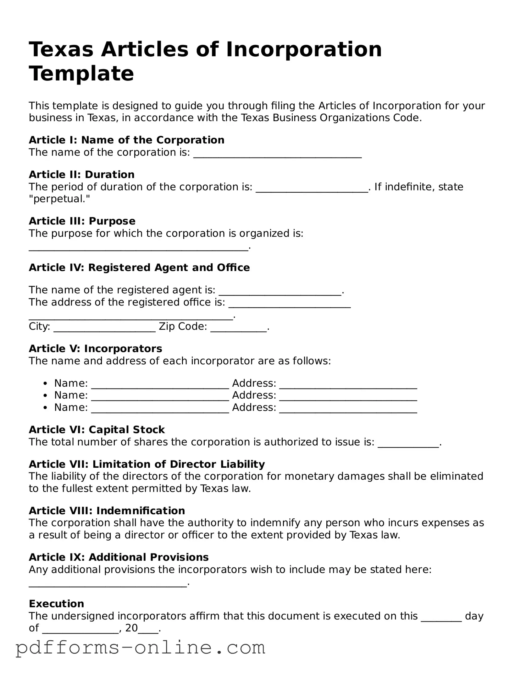 Valid Texas Articles of Incorporation Template