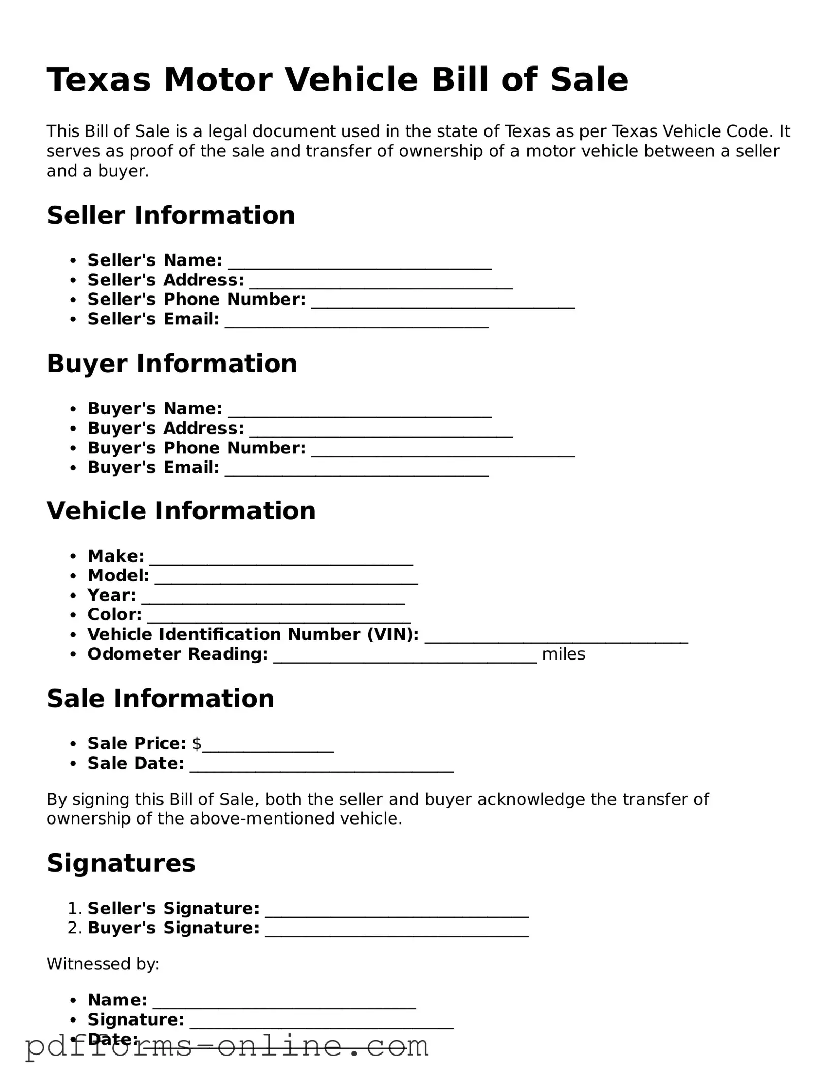 Valid Texas Motor Vehicle Bill of Sale Template