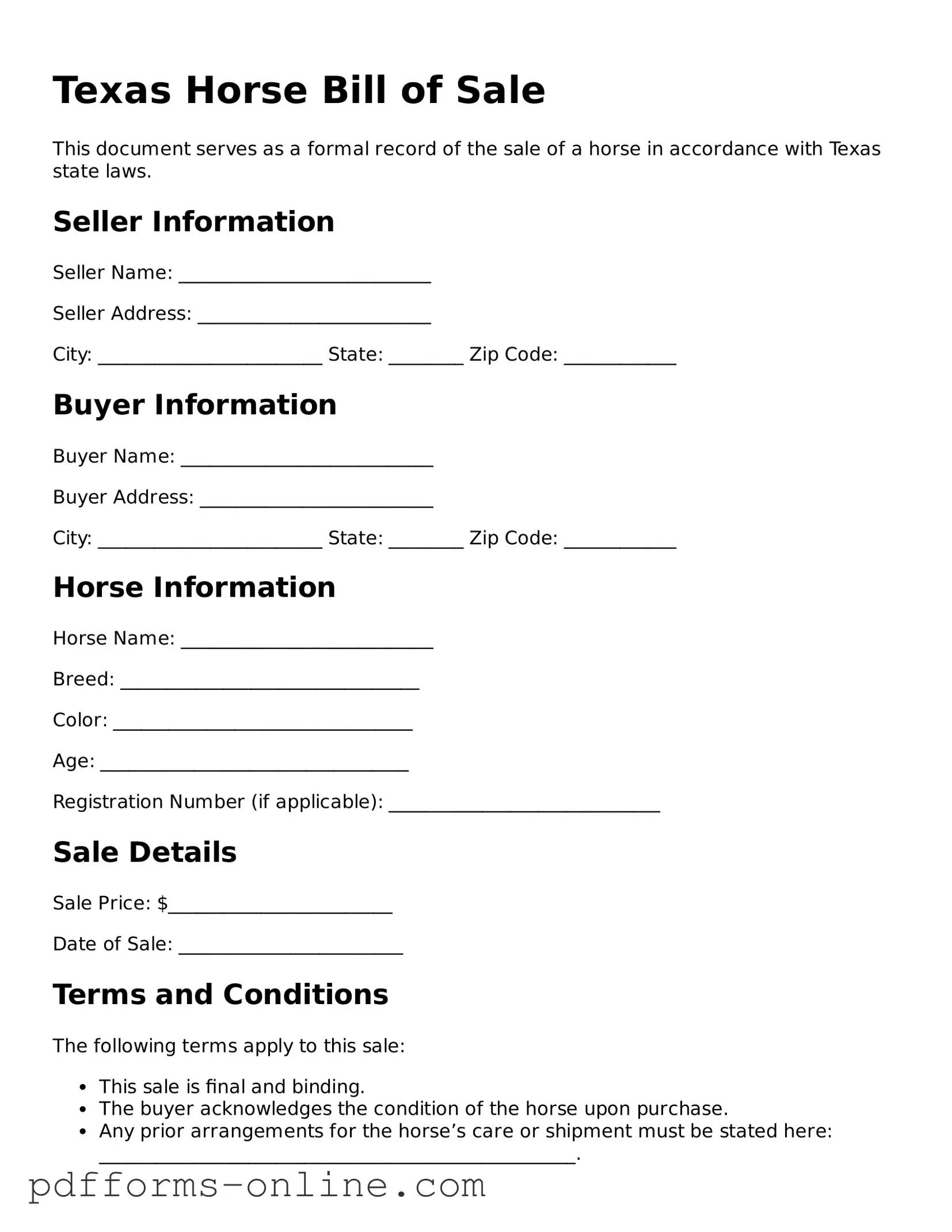 Valid Texas Horse Bill of Sale Template