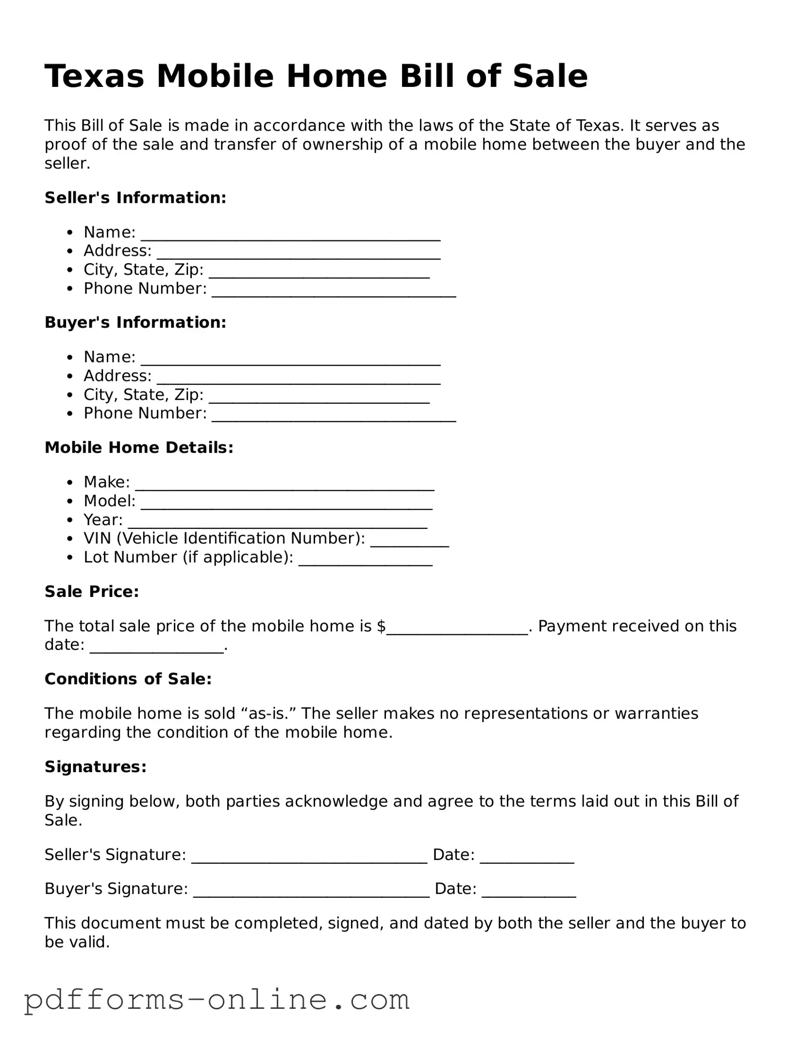 Valid Texas Mobile Home Bill of Sale Template
