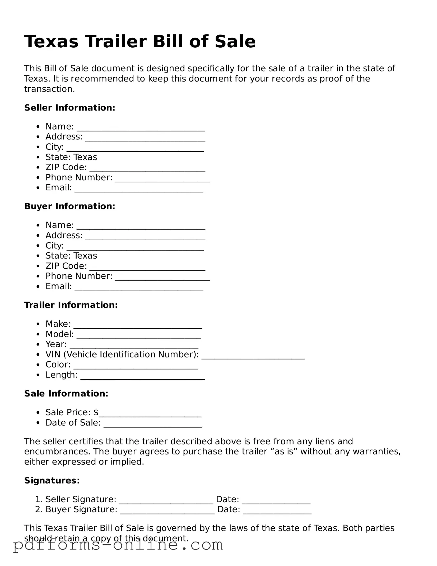 Valid Texas Trailer Bill of Sale Template