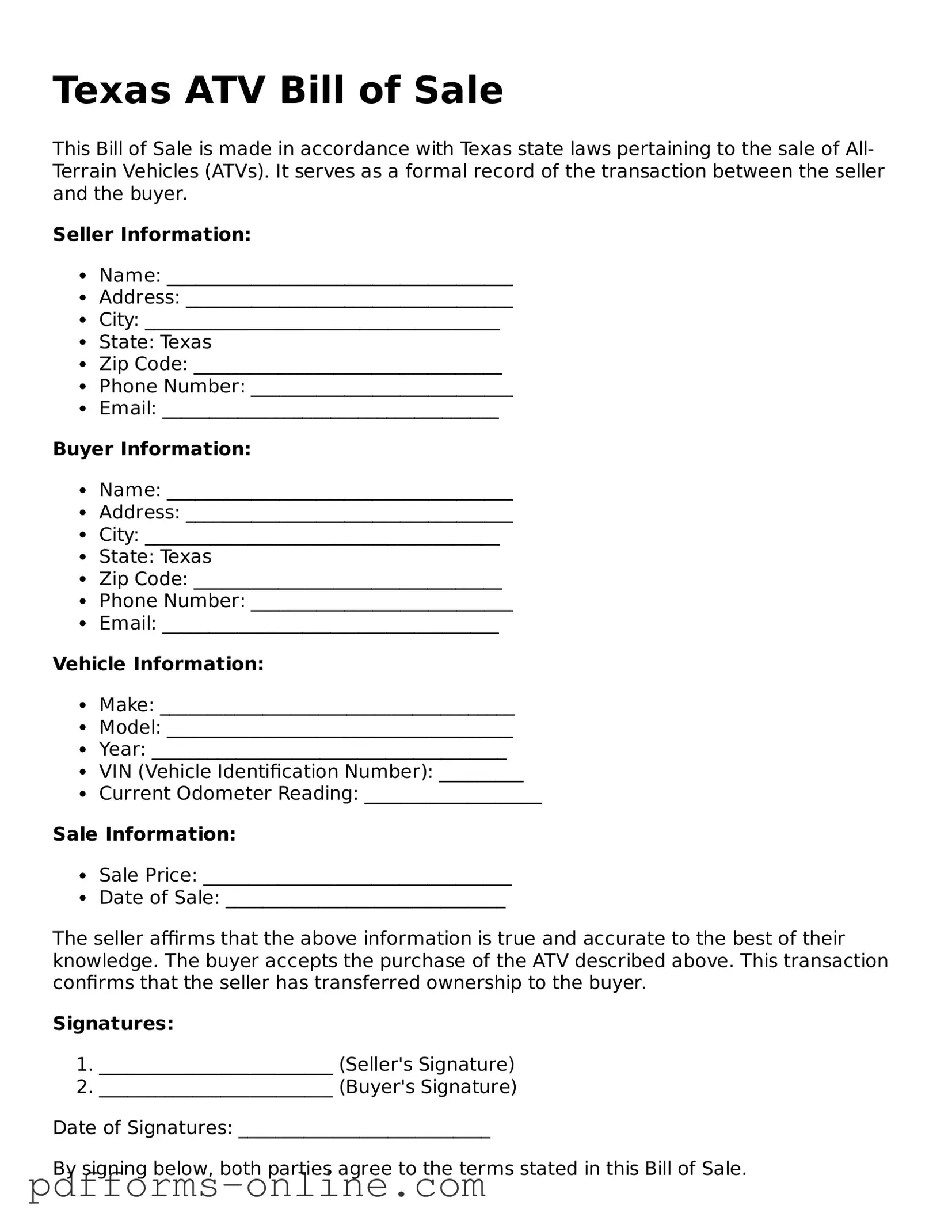 Valid Texas ATV Bill of Sale Template