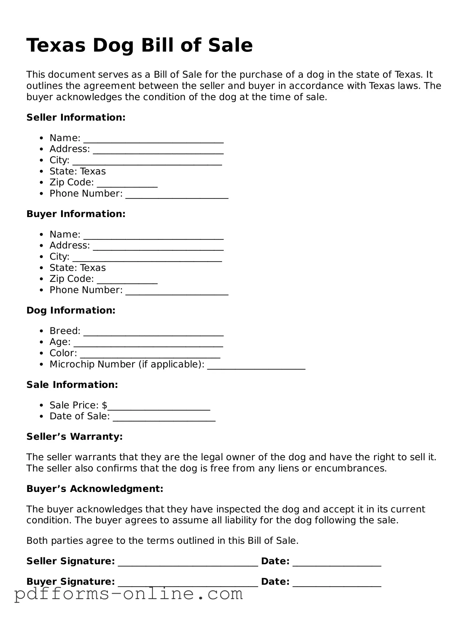 Valid Texas Dog Bill of Sale Template