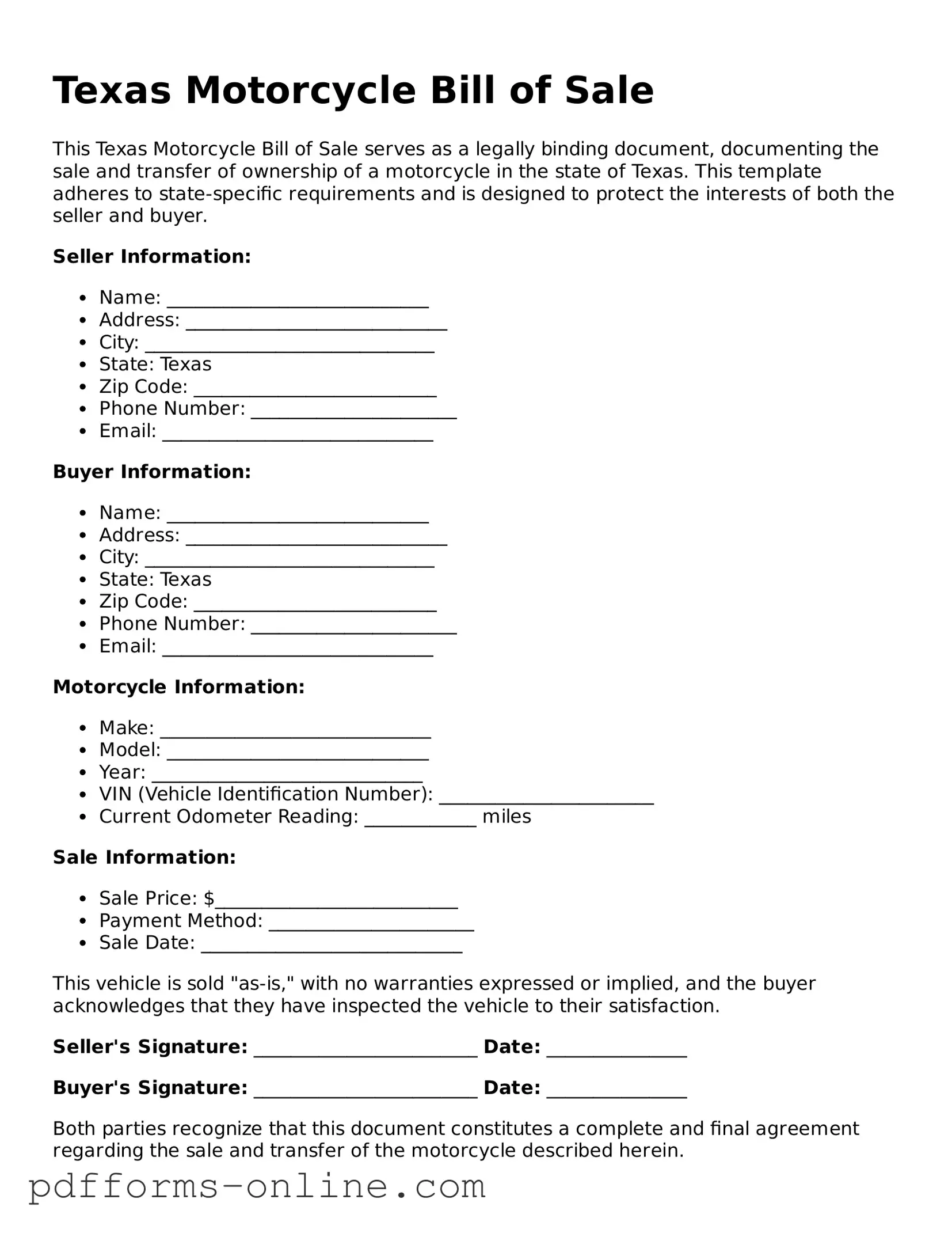 Valid Texas Motorcycle Bill of Sale Template