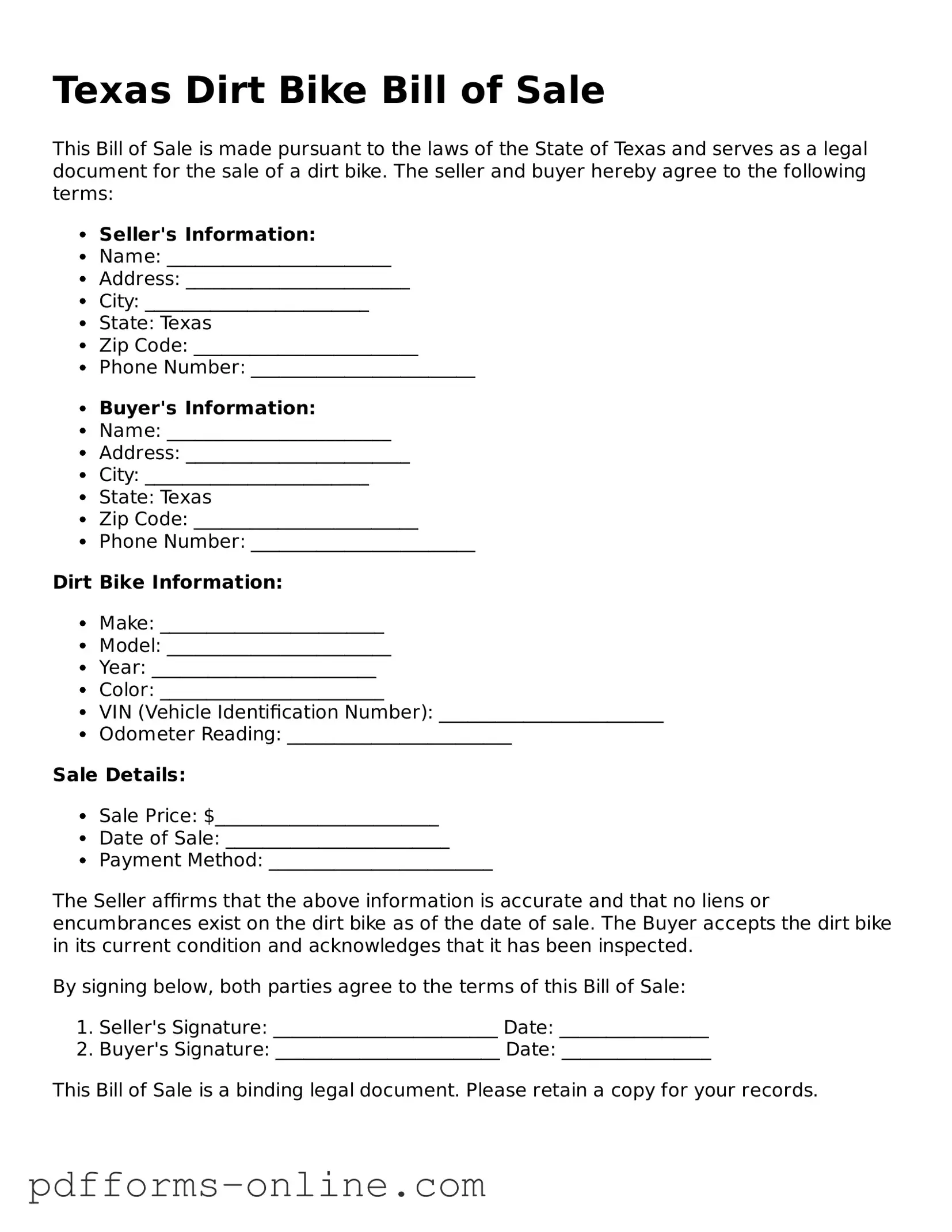 Valid Texas Dirt Bike Bill of Sale Template