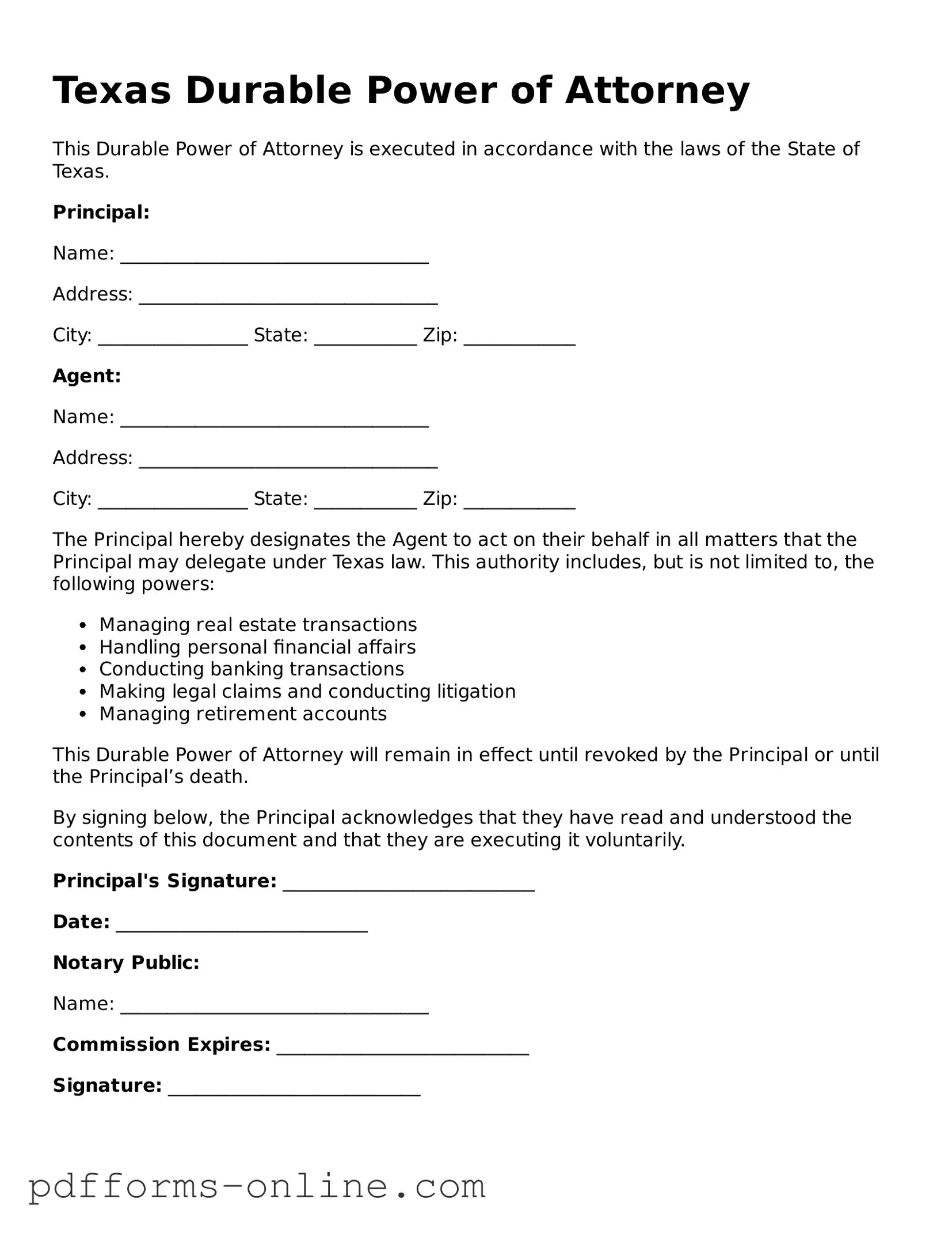 Valid Texas Durable Power of Attorney Template