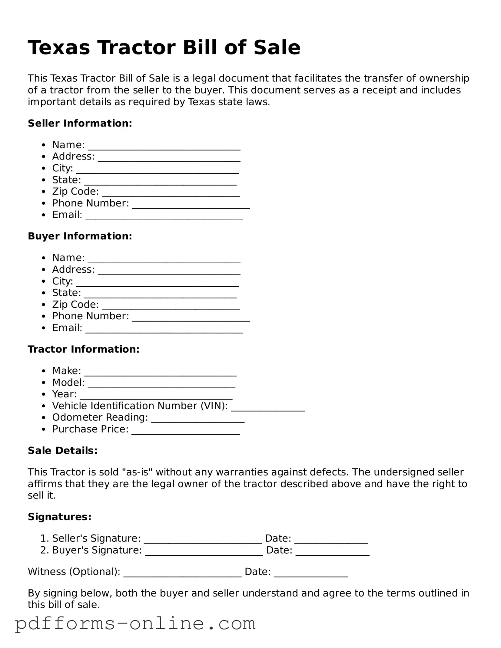 Valid Texas Tractor Bill of Sale Template