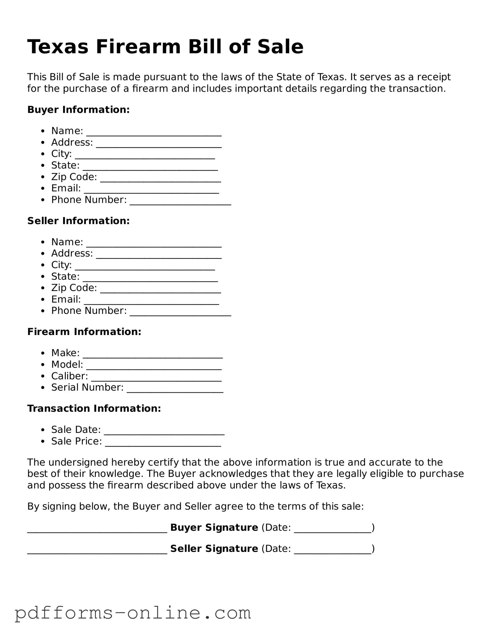 Valid Texas Firearm Bill of Sale Template