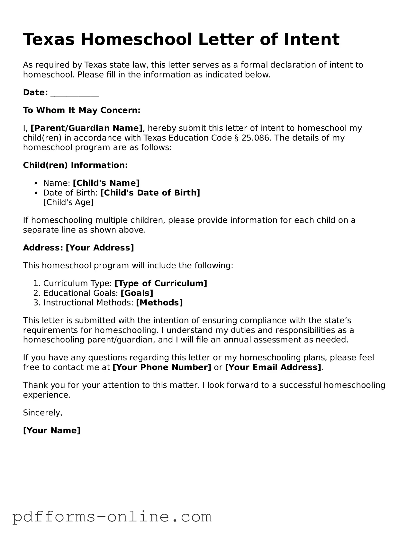 Valid Texas Homeschool Letter of Intent Template