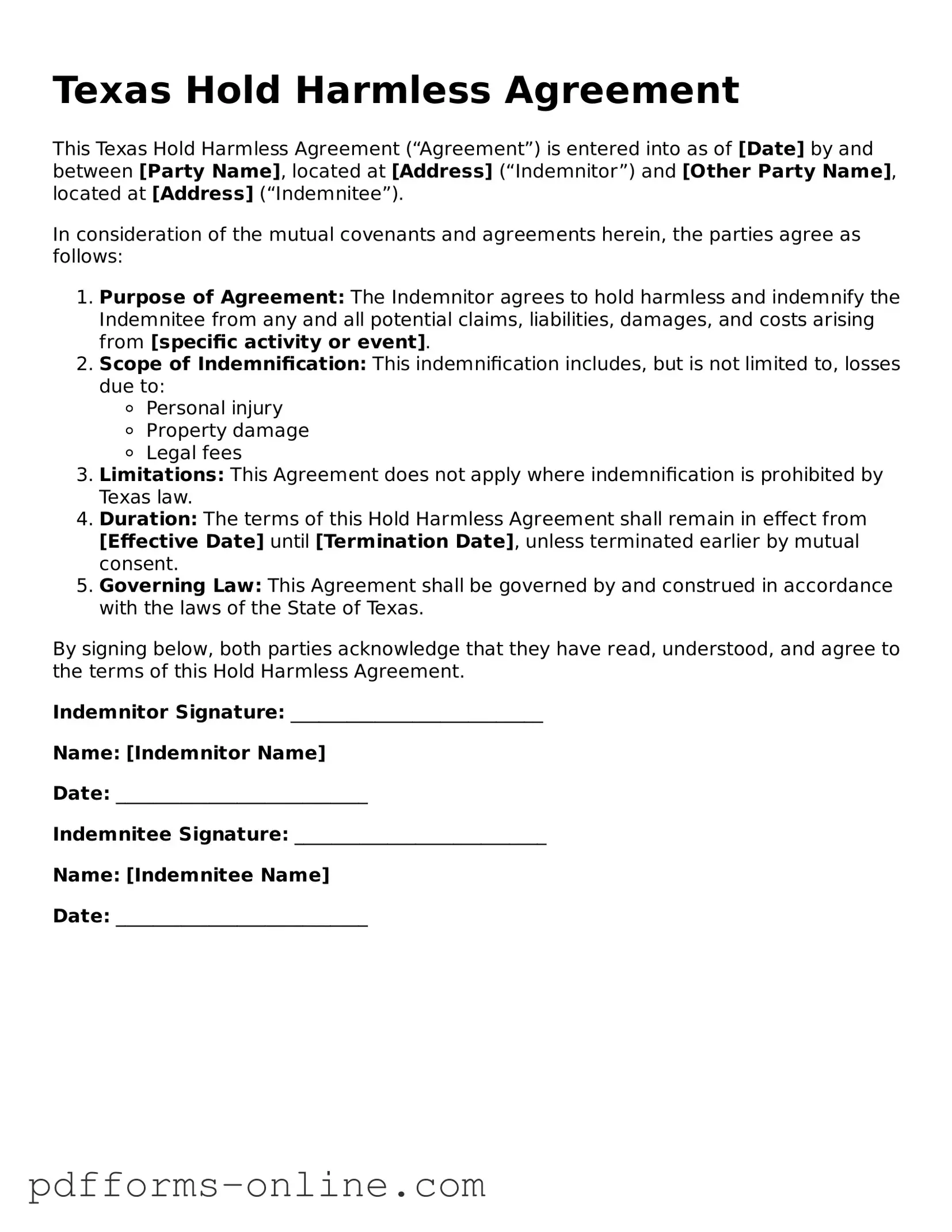 Valid Texas Hold Harmless Agreement Template