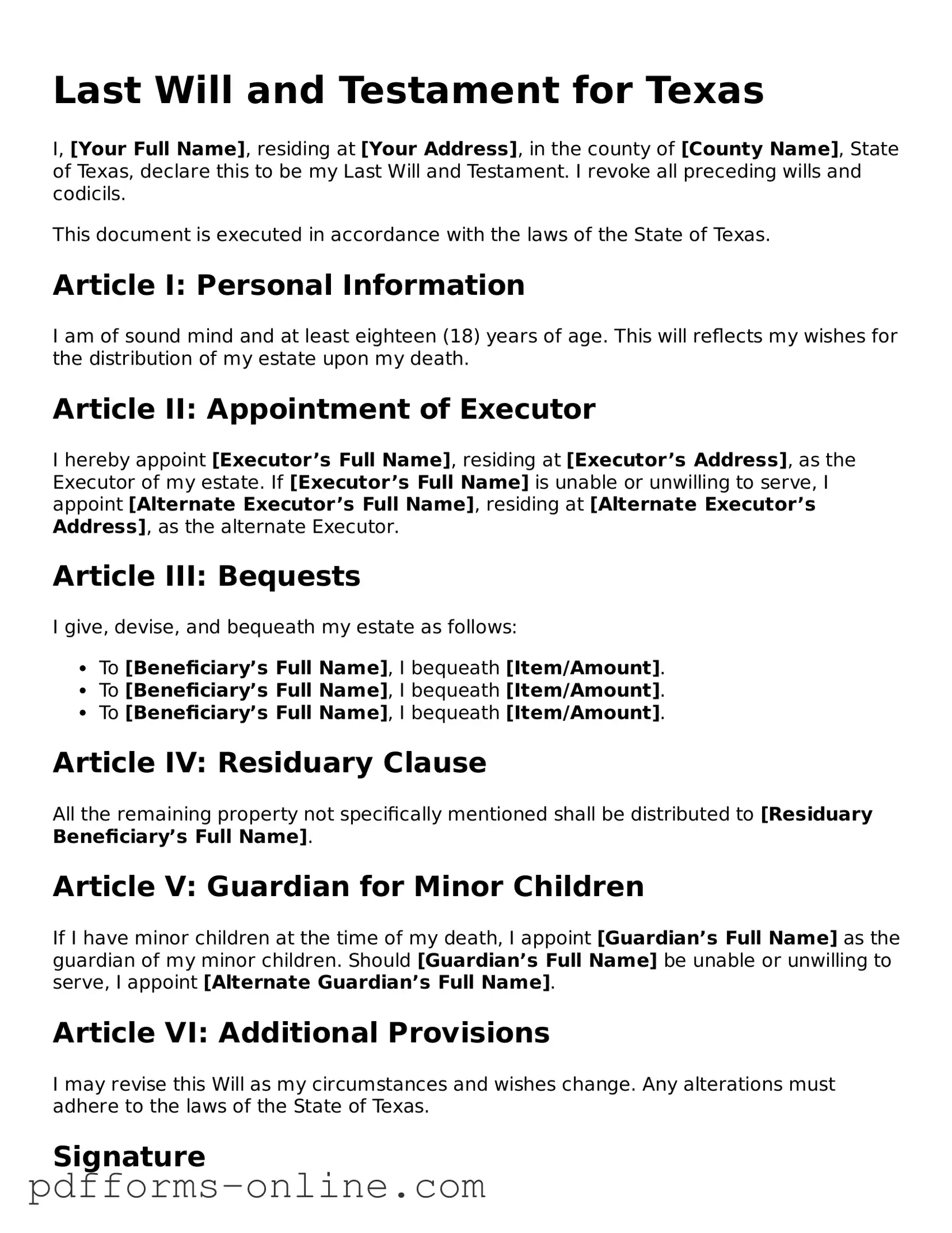 Valid Texas Last Will and Testament Template
