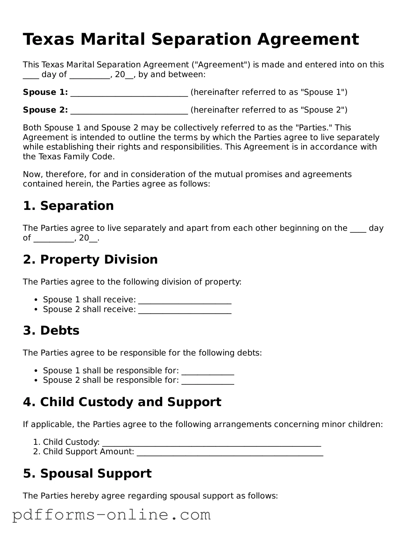 Valid Texas Marital Separation Agreement Template