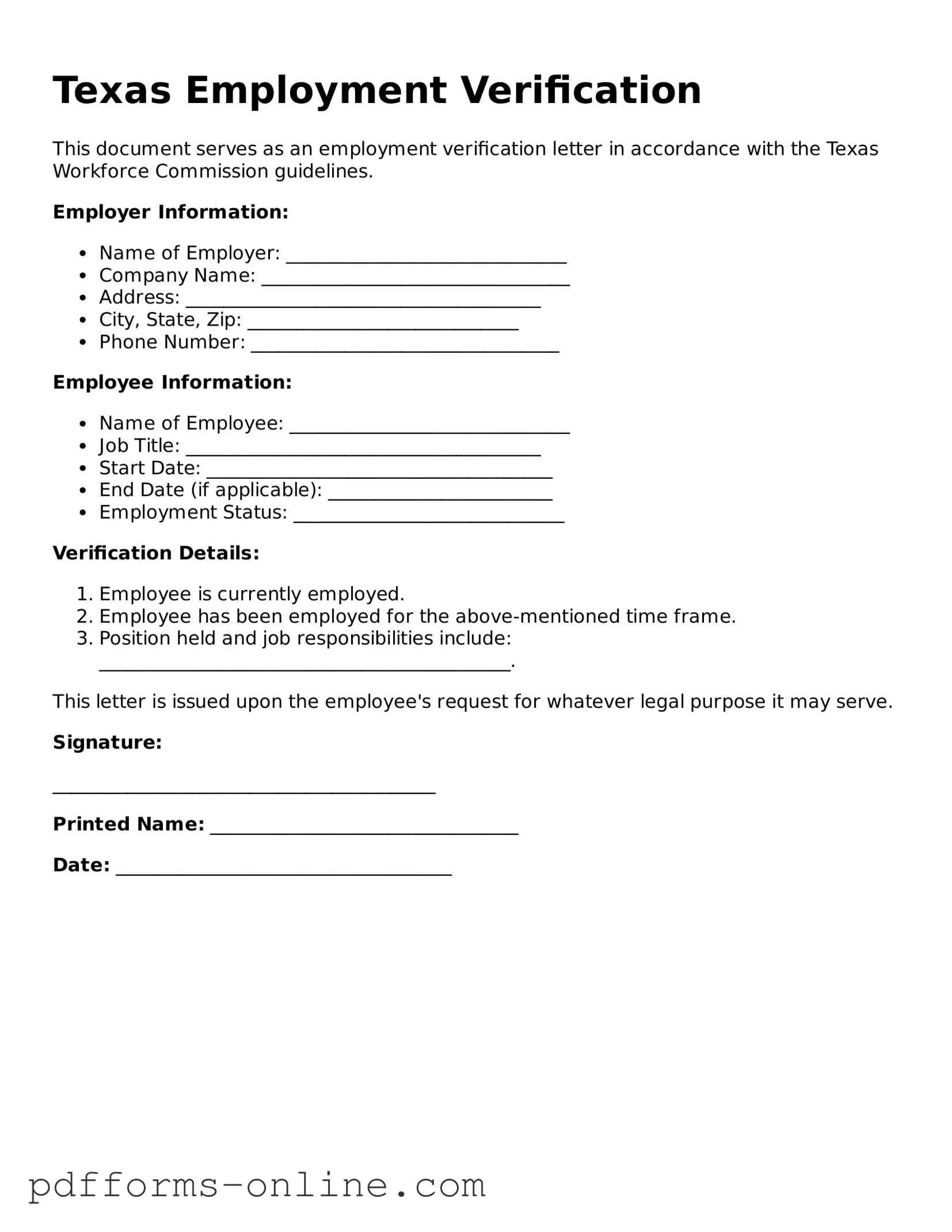 Valid Texas Employment Verification Template