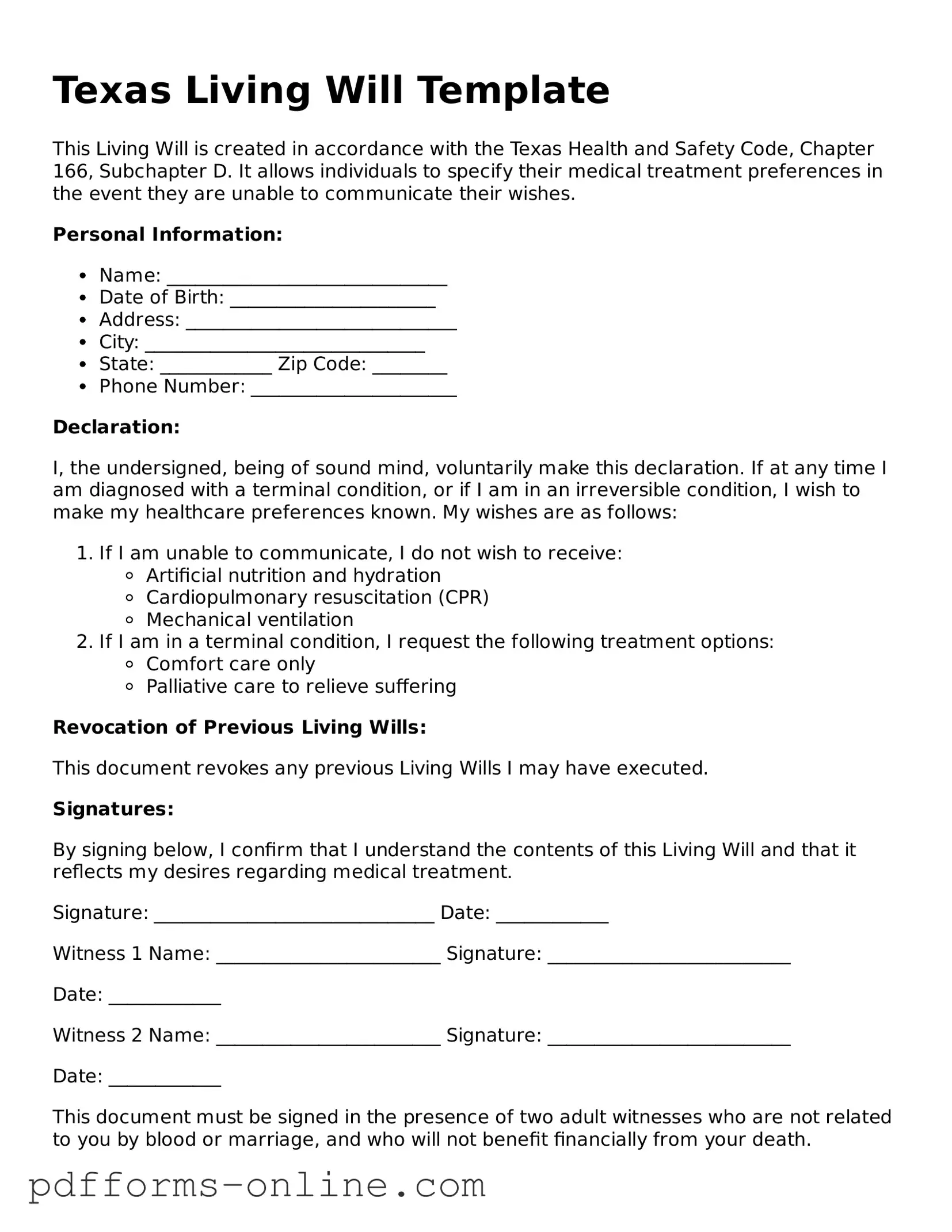 Valid Texas Living Will Template