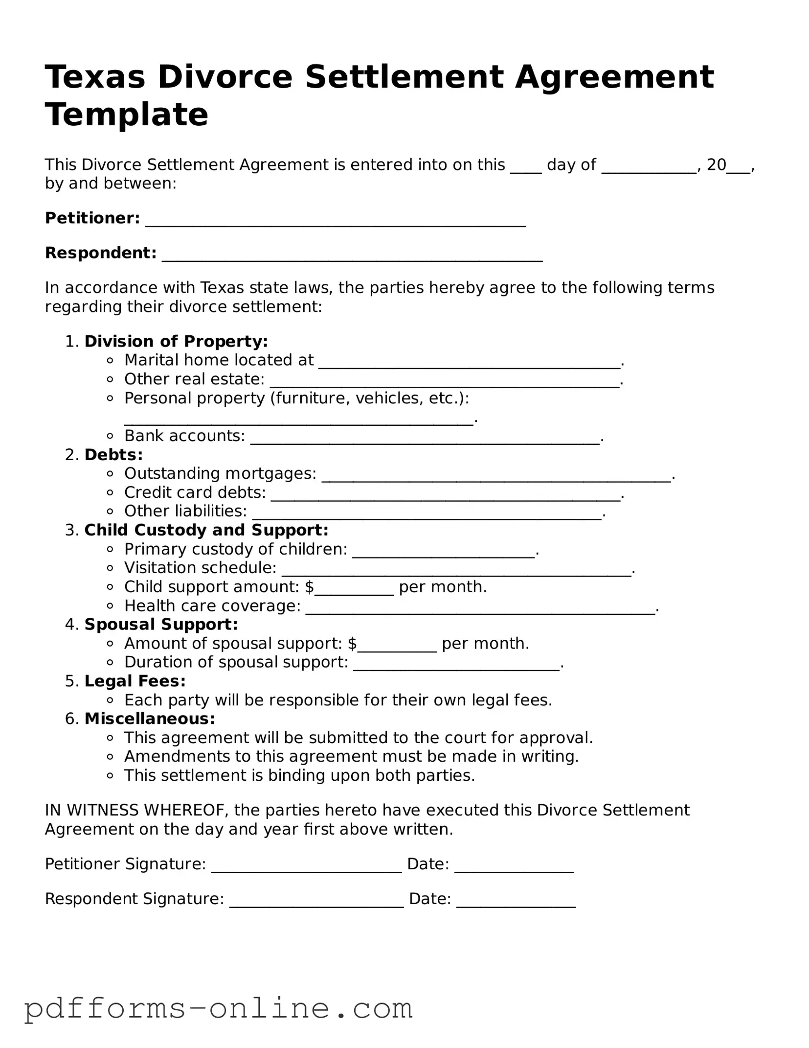 Valid Texas Divorce Settlement Agreement Template
