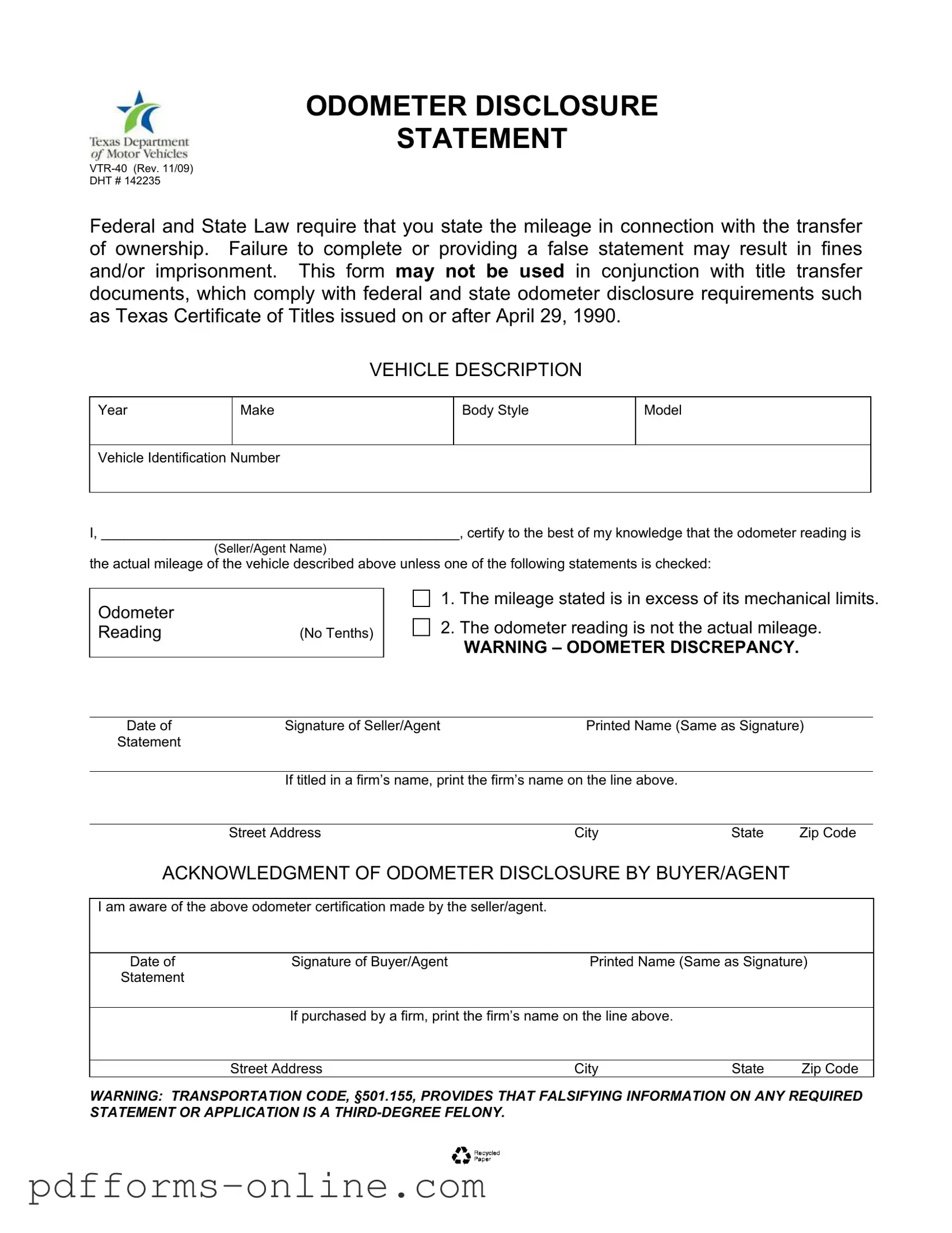 Blank Texas Odometer Statement Template