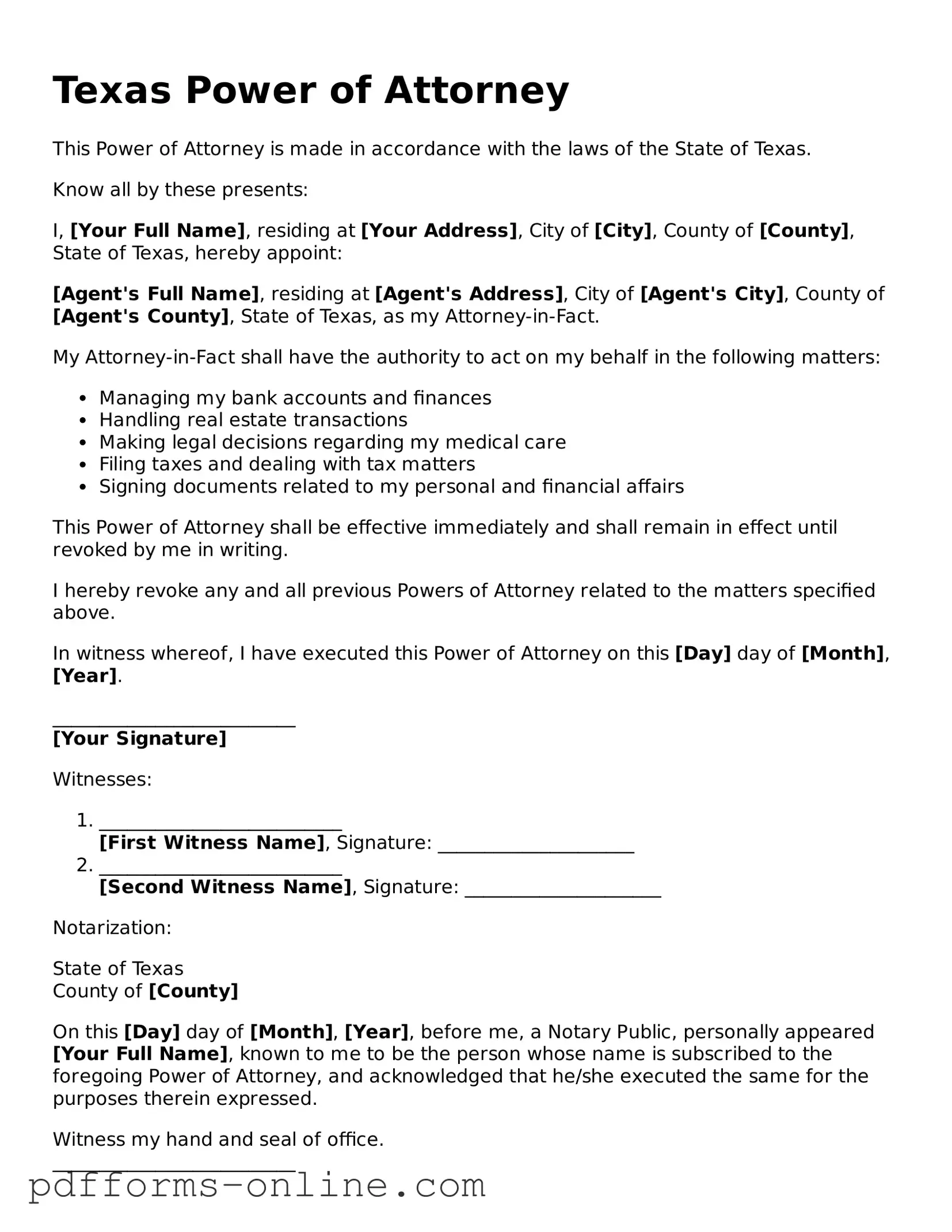 Valid Texas Power of Attorney Template