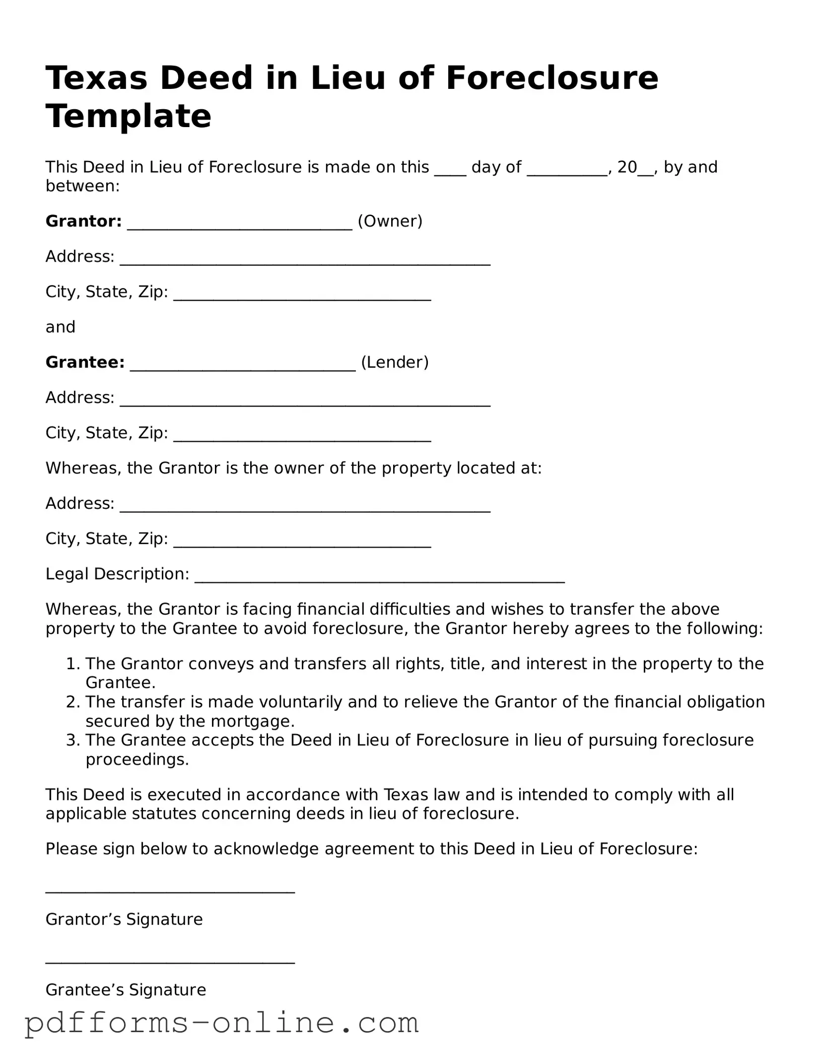 Valid Texas Deed in Lieu of Foreclosure Template