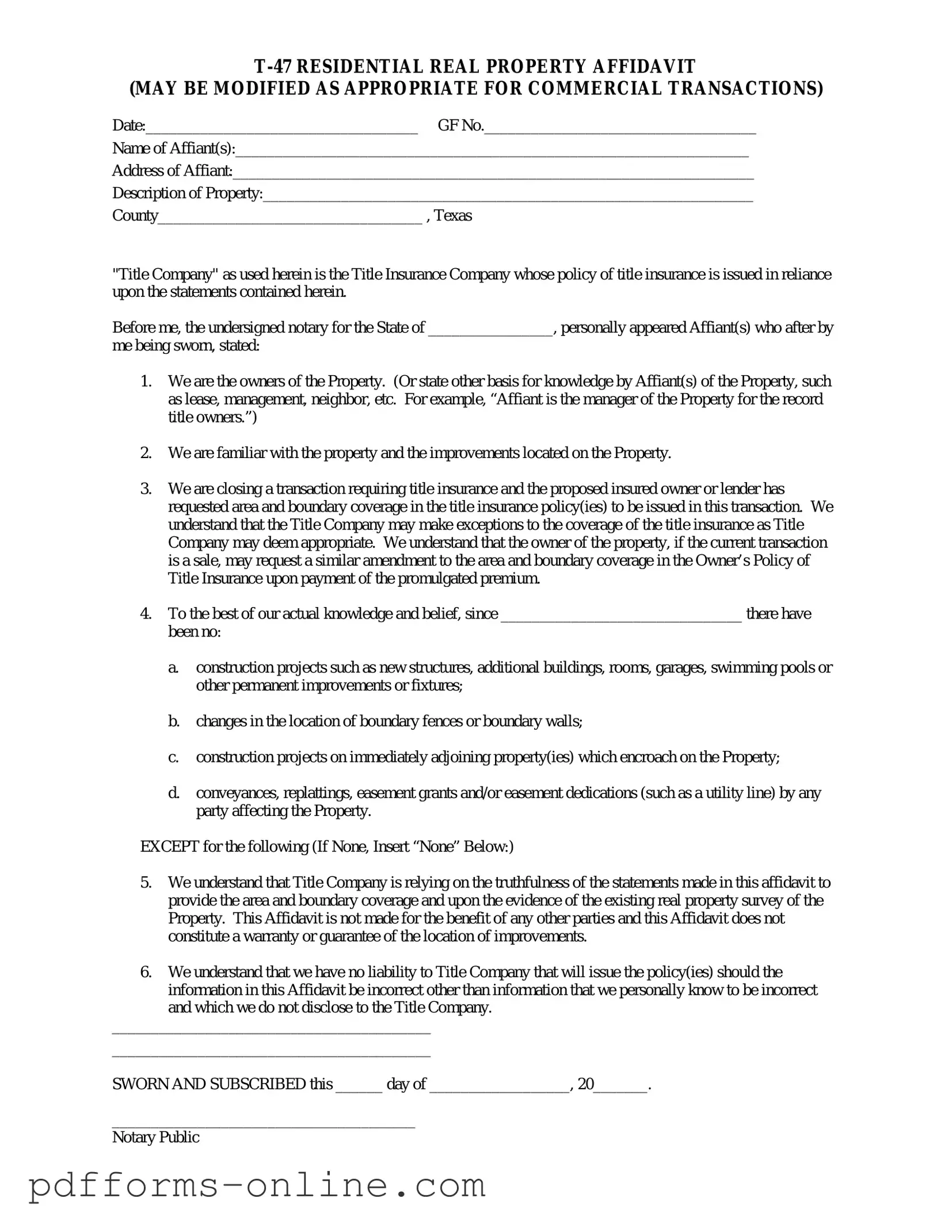 Blank Texas residential property affidavit T-47 Template