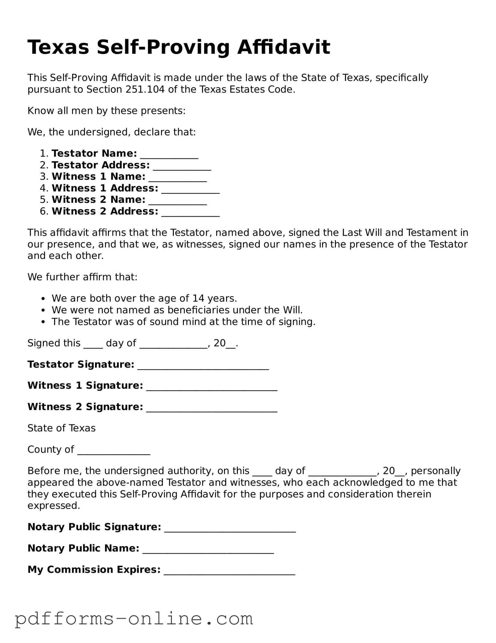 Valid Texas Self-Proving Affidavit Template