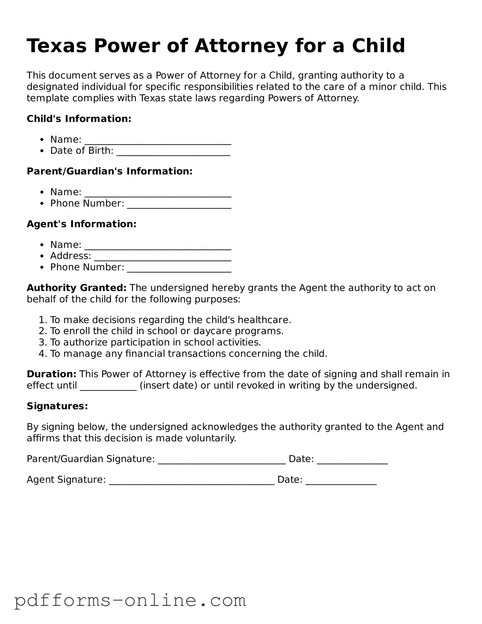 Valid Texas Power of Attorney for a Child Template