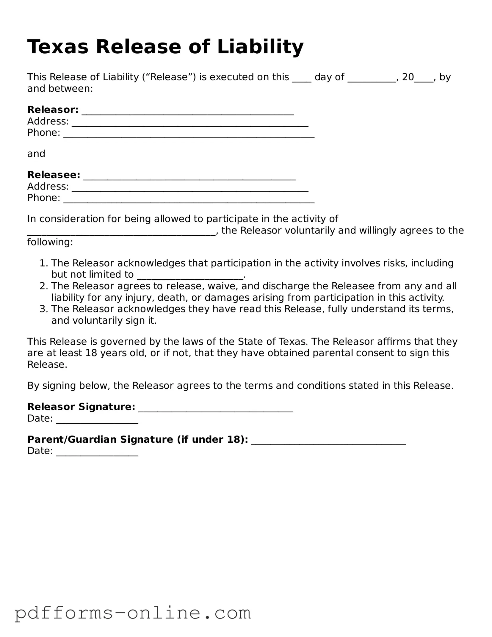 Valid Texas Release of Liability Template
