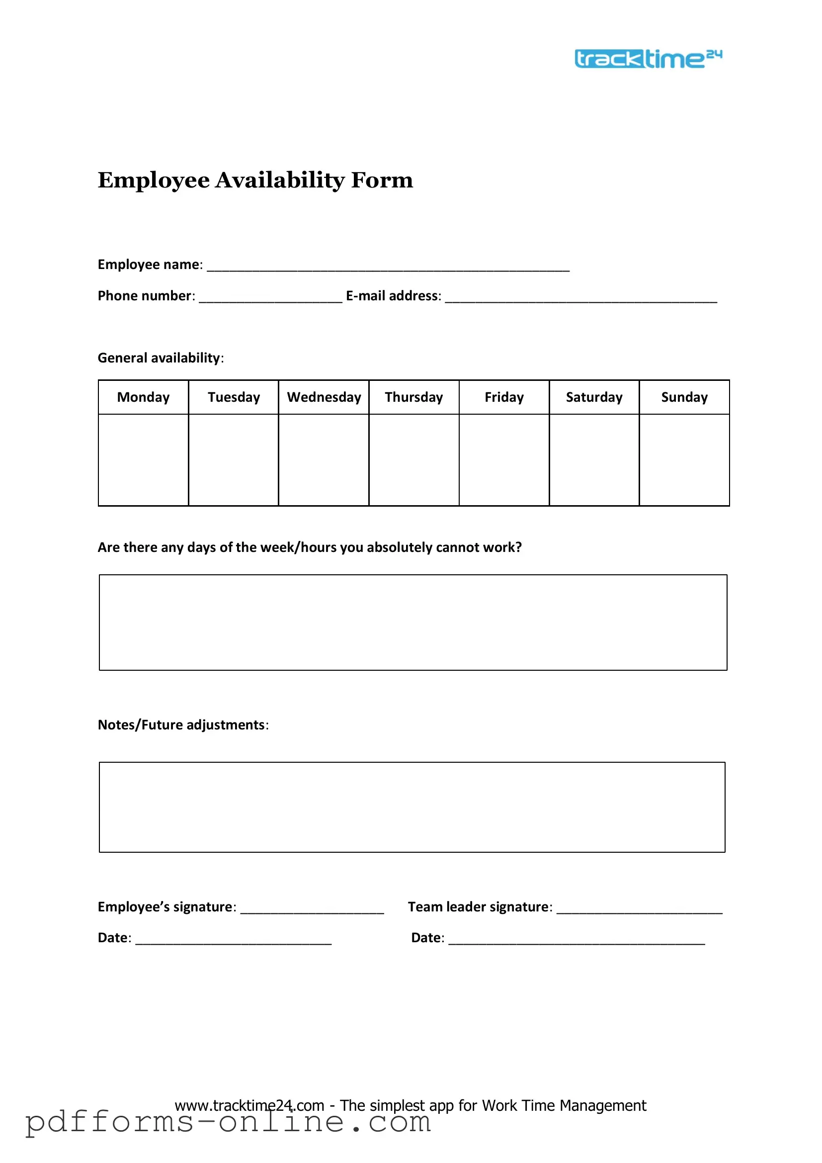 Blank Employee Availability Template