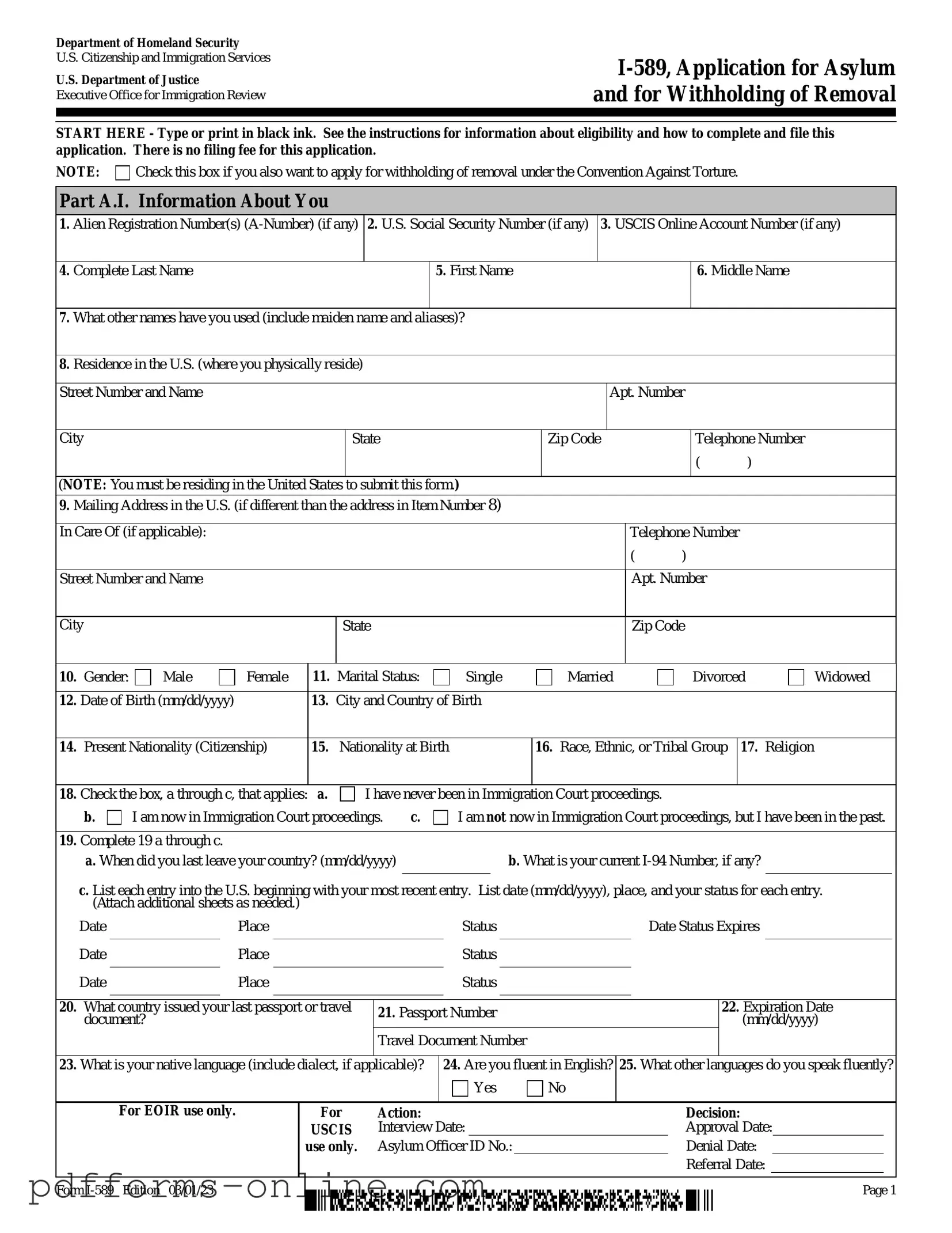 Blank USCIS I-589 Template