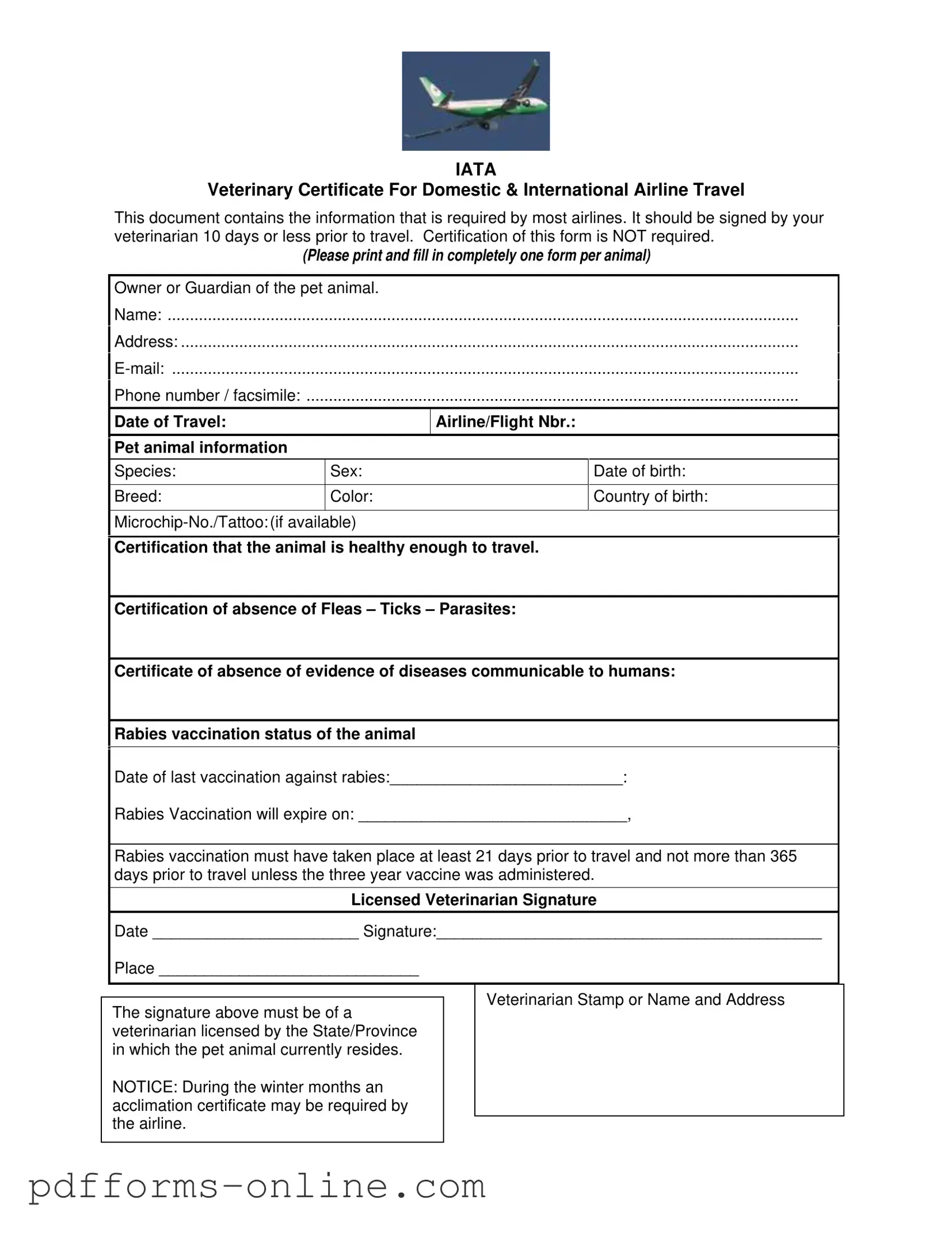 Blank Veterinary Certificate Travel Template
