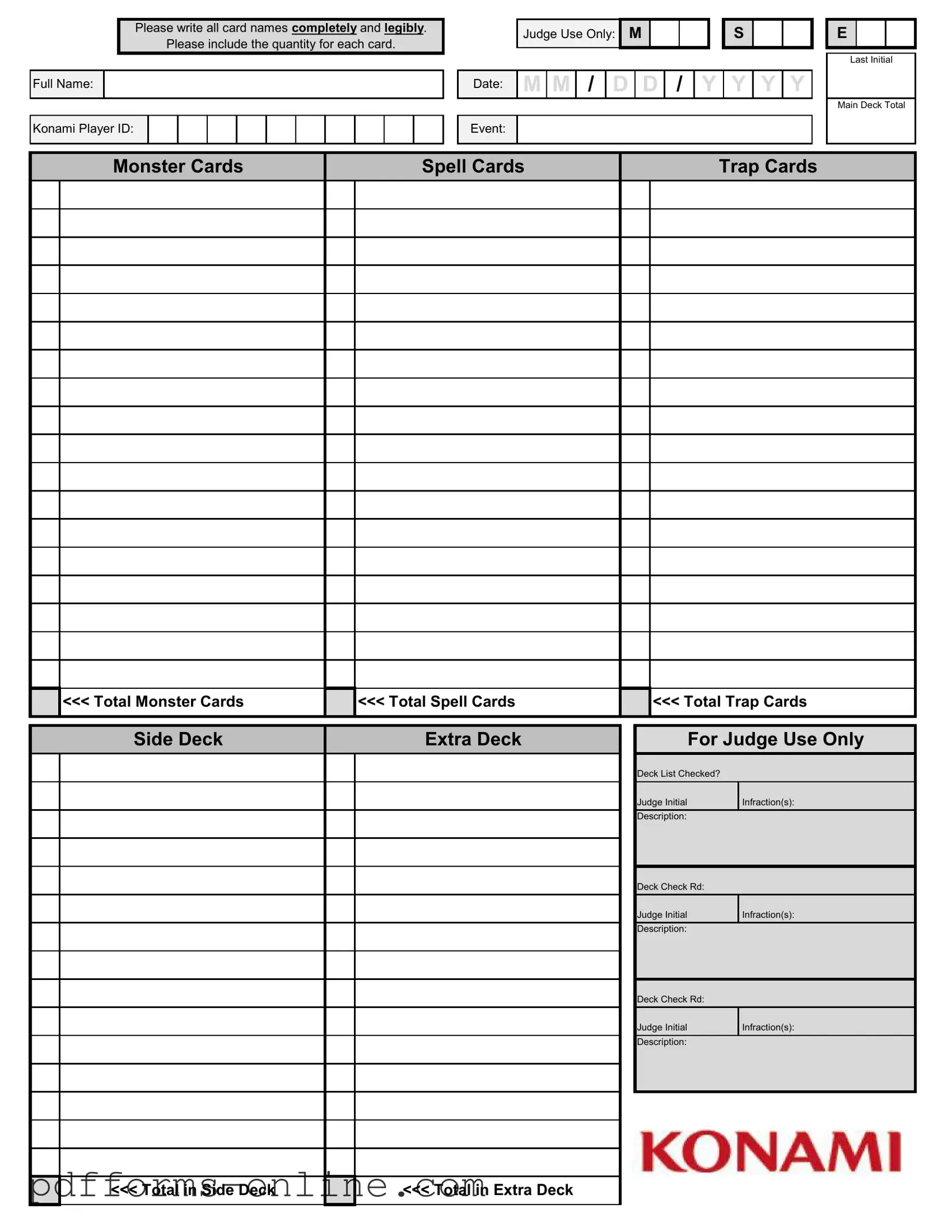 Blank Konami Decklist Template